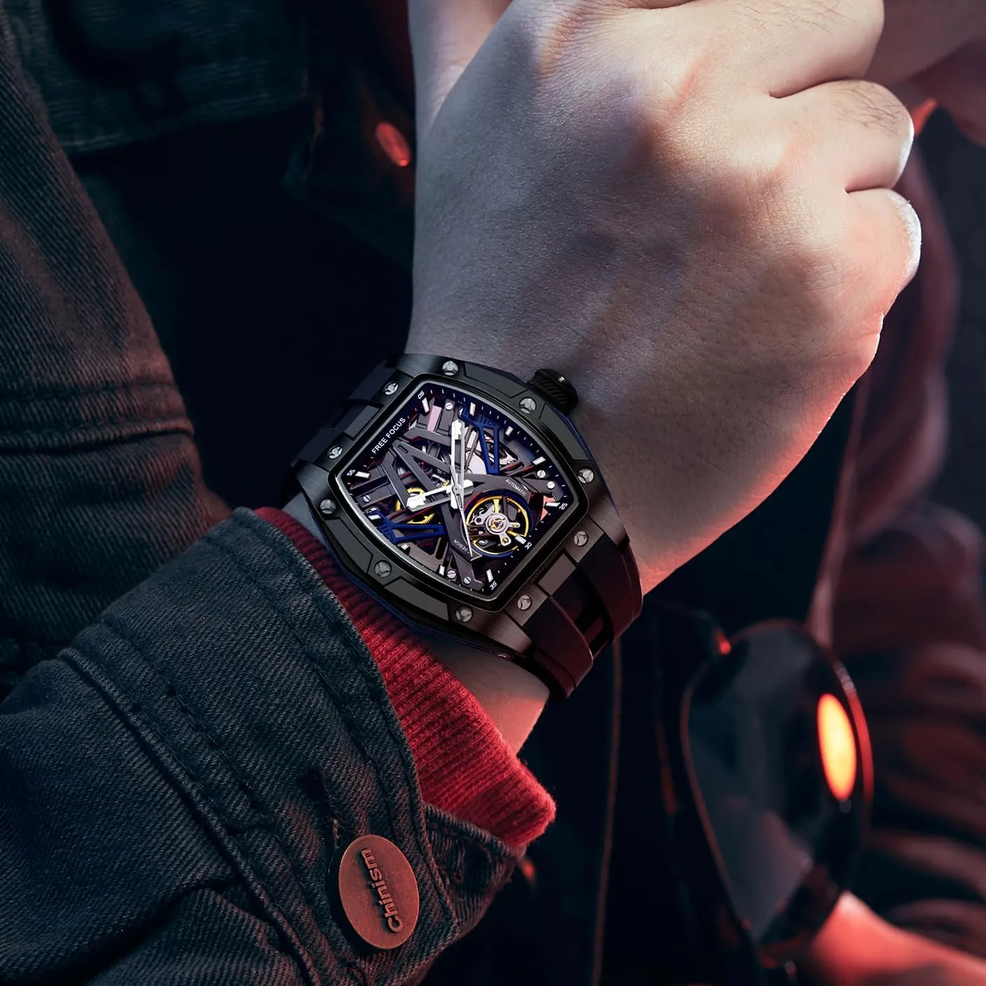 FF Unique Men Watches,Automatic Mechanical Watch,Luxury Hollow Tonneau Watches for Men with Stainless Steel Case and Silicon Band (Self-Wind Movement/Waterproof/Super_Luminous)