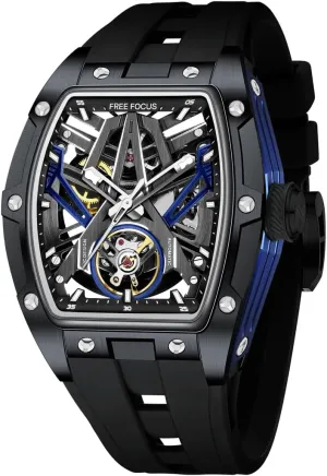 FF Unique Men Watches,Automatic Mechanical Watch,Luxury Hollow Tonneau Watches for Men with Stainless Steel Case and Silicon Band (Self-Wind Movement/Waterproof/Super_Luminous)