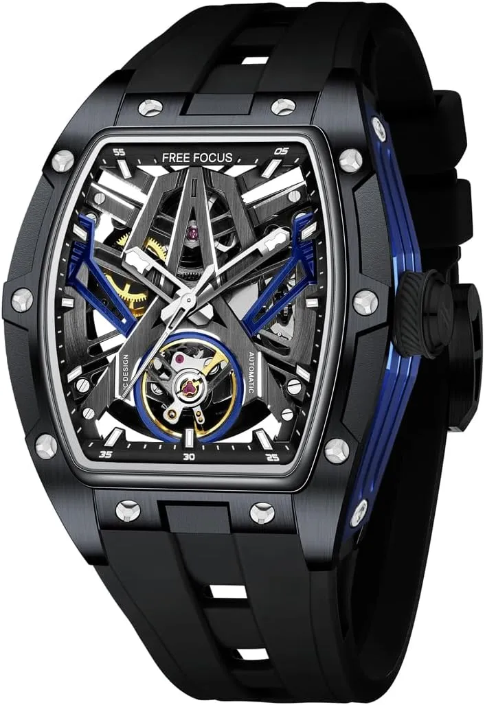 FF Unique Men Watches,Automatic Mechanical Watch,Luxury Hollow Tonneau Watches for Men with Stainless Steel Case and Silicon Band (Self-Wind Movement/Waterproof/Super_Luminous)