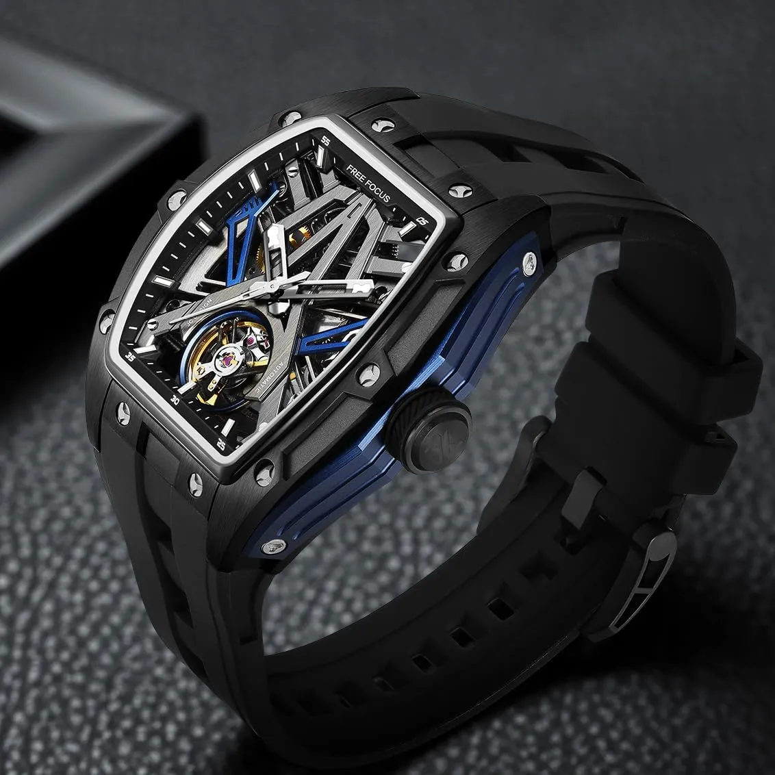 FF Unique Men Watches,Automatic Mechanical Watch,Luxury Hollow Tonneau Watches for Men with Stainless Steel Case and Silicon Band (Self-Wind Movement/Waterproof/Super_Luminous)