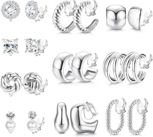 FIBO STEEL 10 Pairs Clip On Earrings for Women Non Pierced Ears CZ Pearl Knot Twist Chunky Hoop and Studs Earring Set Ear Clips Jewelry Gold Silver Tone