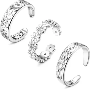 FIBO STEEL 3 PCS Toe Rings for Women 925 Sterling Silver Adjustable Toe Rings Open Cuff Toe Rings CZ Daisy Moonstone Ring Band Rings Beach Foot Jewelry Set