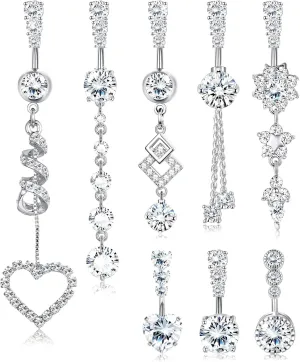 FIBO STEEL 8Pcs Belly Button Ring for Women Dangle Belly Rings Surgical Steel Cute Heart Flower Dainty Dangly Belly Button Piercing Jewelry Navel Ring Silver 14G