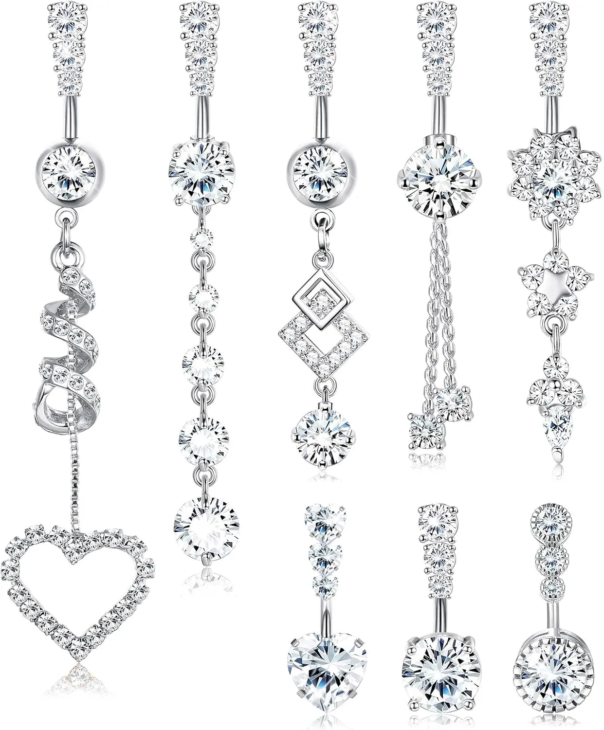 FIBO STEEL 8Pcs Belly Button Ring for Women Dangle Belly Rings Surgical Steel Cute Heart Flower Dainty Dangly Belly Button Piercing Jewelry Navel Ring Silver 14G