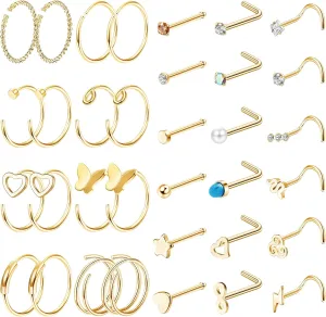 FINREZIO 34PCS 22g Nose Rings - Women & Men Surgical Steel Nose Piercings - Hoops, L-Shaped, Stud, Screw - Hypoallergenic Body Jewelry