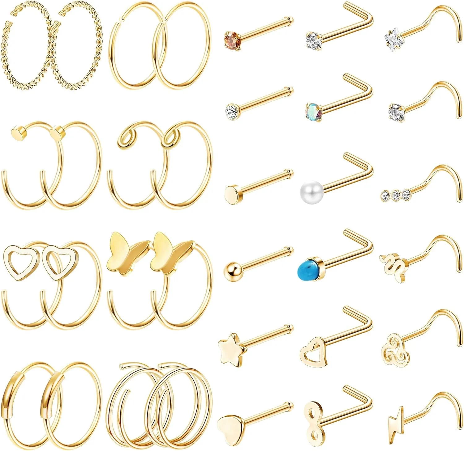 FINREZIO 34PCS 22g Nose Rings - Women & Men Surgical Steel Nose Piercings - Hoops, L-Shaped, Stud, Screw - Hypoallergenic Body Jewelry