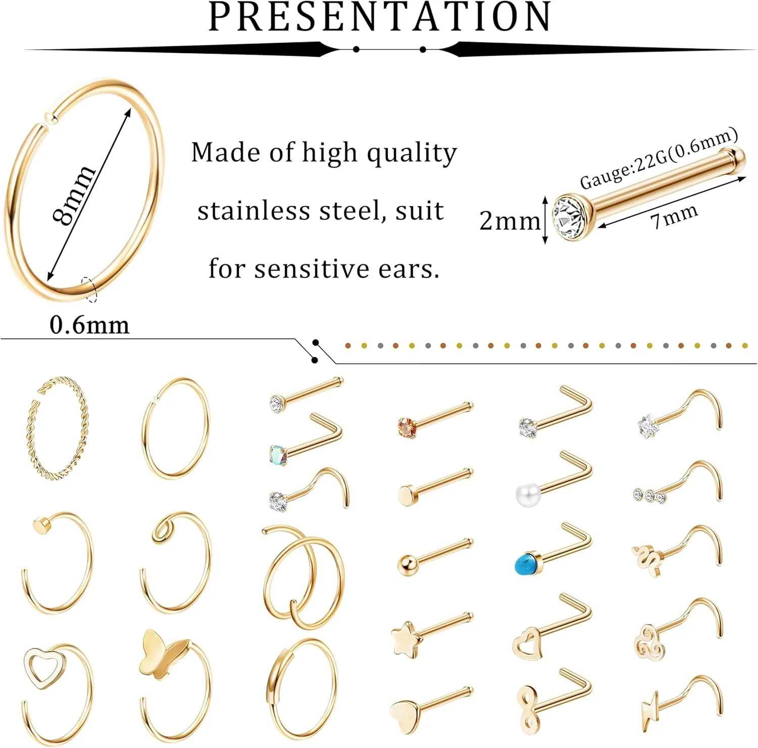 FINREZIO 34PCS 22g Nose Rings - Women & Men Surgical Steel Nose Piercings - Hoops, L-Shaped, Stud, Screw - Hypoallergenic Body Jewelry