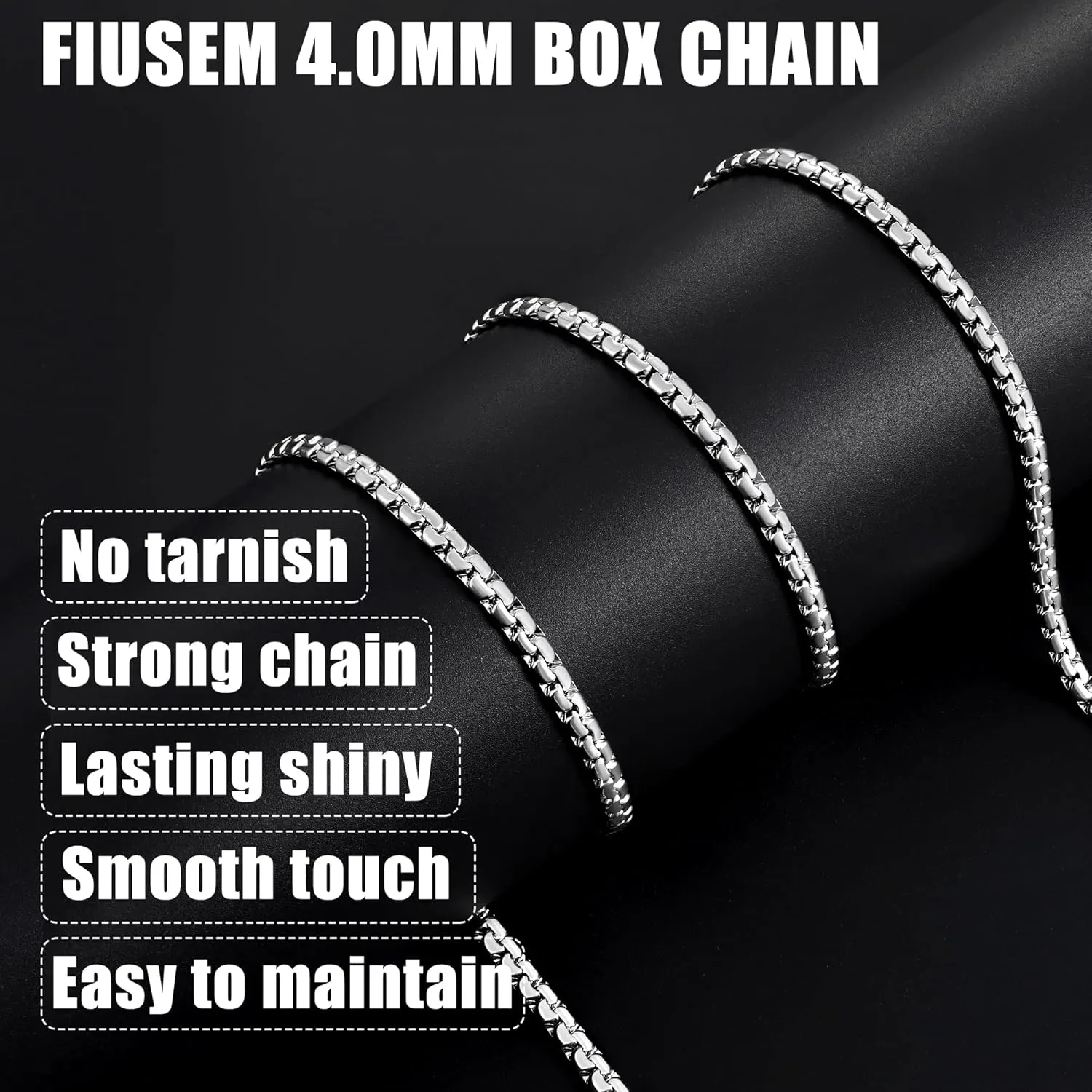 Fiusem Flat Box Chains for Men, 2.5/3/4/4.5/5mm Silver Tone Box Chain Necklace, Stainless Steel Necklaces for Men and Women 16-28 Inches