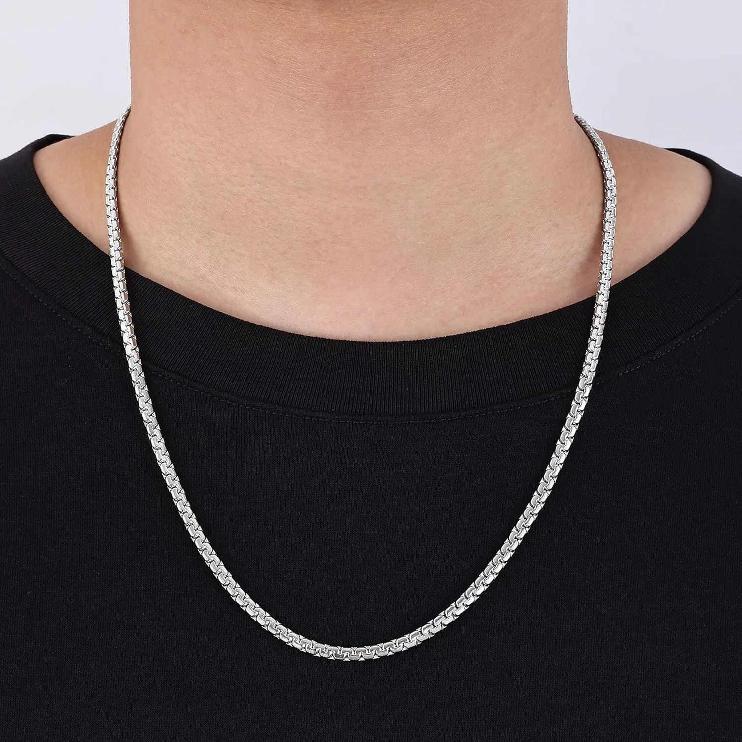 Fiusem Flat Box Chains for Men, 2.5/3/4/4.5/5mm Silver Tone Box Chain Necklace, Stainless Steel Necklaces for Men and Women 16-28 Inches