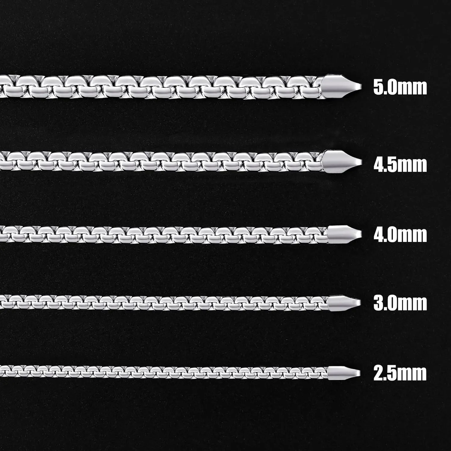 Fiusem Flat Box Chains for Men, 2.5/3/4/4.5/5mm Silver Tone Box Chain Necklace, Stainless Steel Necklaces for Men and Women 16-28 Inches