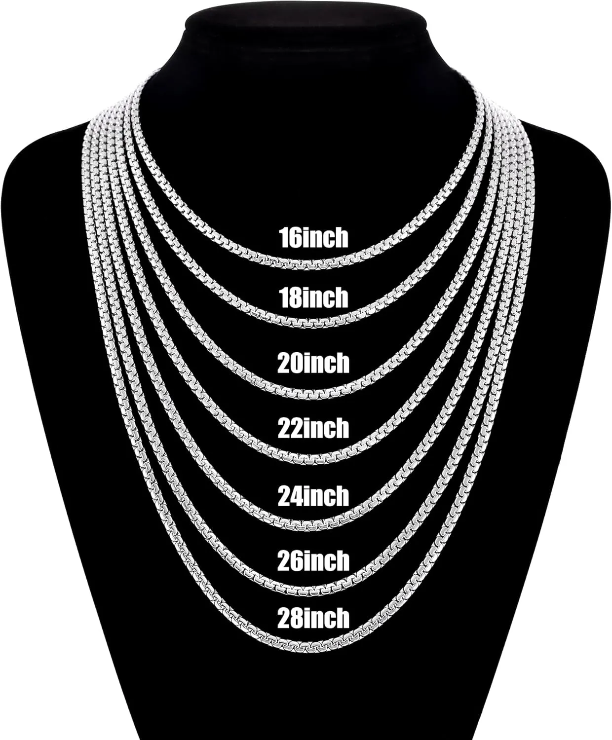 Fiusem Flat Box Chains for Men, 2.5/3/4/4.5/5mm Silver Tone Box Chain Necklace, Stainless Steel Necklaces for Men and Women 16-28 Inches