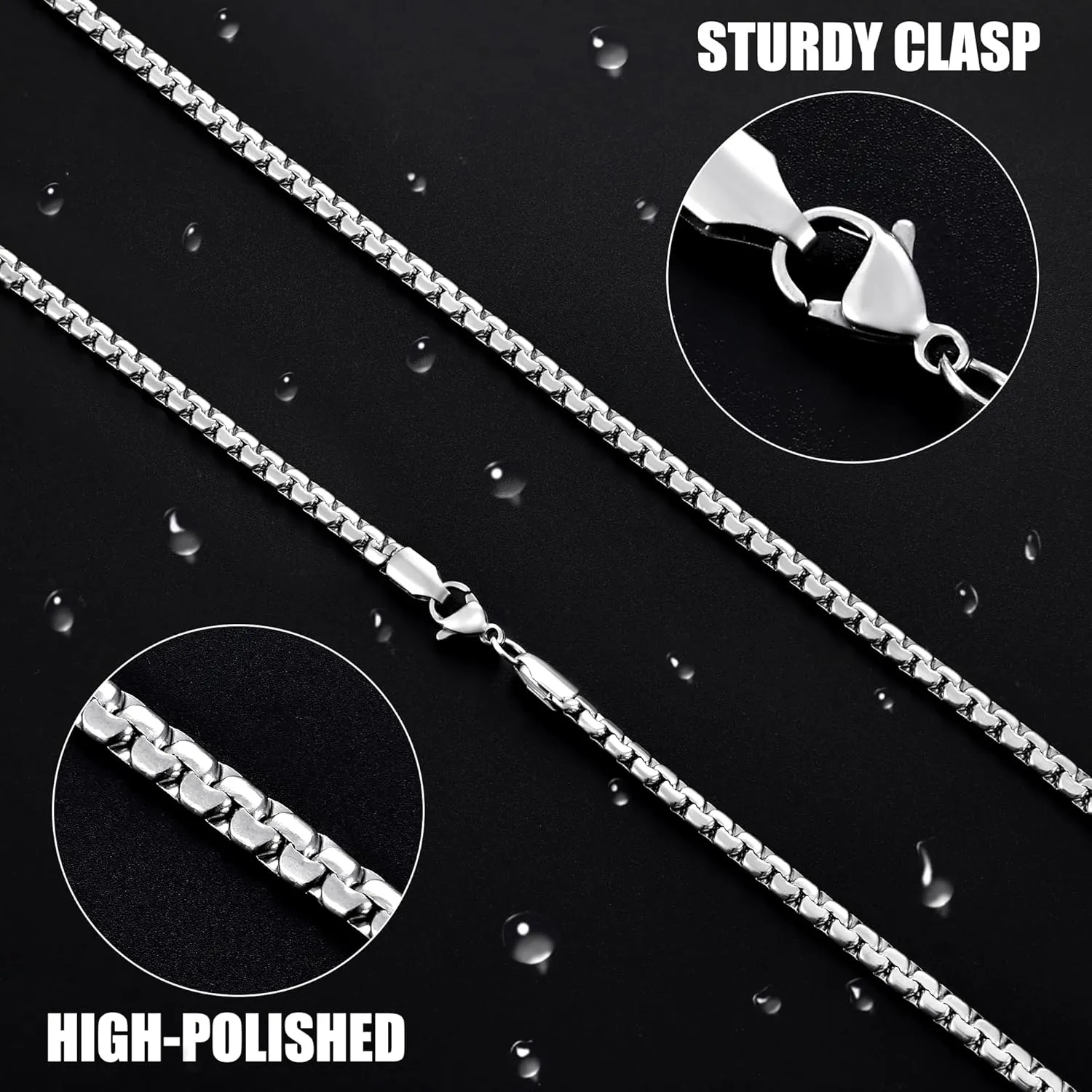 Fiusem Flat Box Chains for Men, 2.5/3/4/4.5/5mm Silver Tone Box Chain Necklace, Stainless Steel Necklaces for Men and Women 16-28 Inches