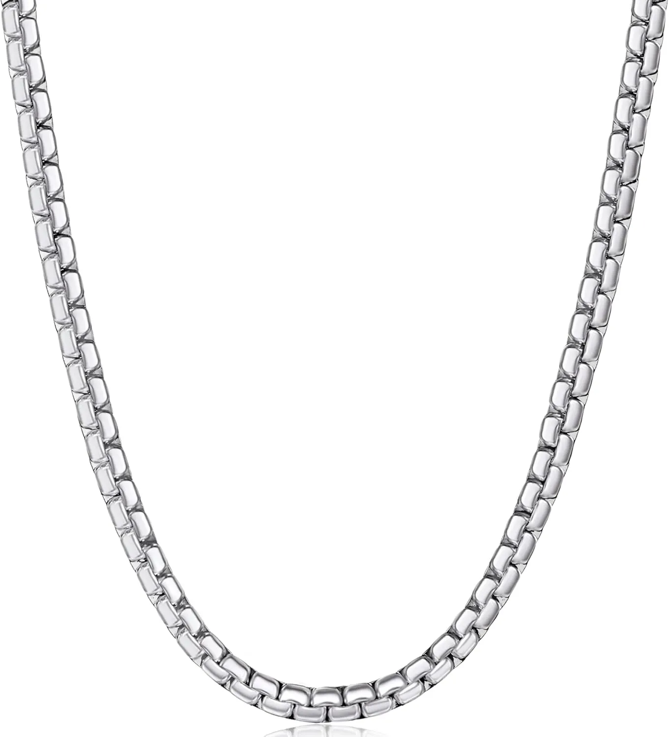 Fiusem Flat Box Chains for Men, 2.5/3/4/4.5/5mm Silver Tone Box Chain Necklace, Stainless Steel Necklaces for Men and Women 16-28 Inches