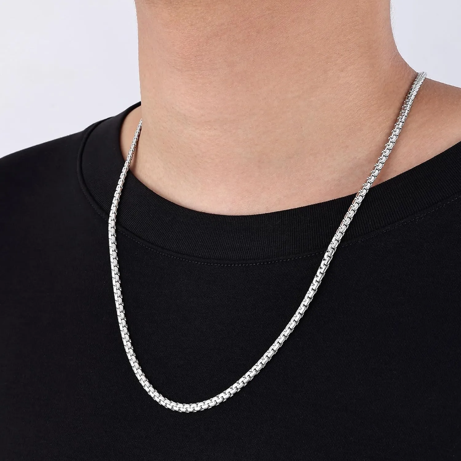 Fiusem Flat Box Chains for Men, 2.5/3/4/4.5/5mm Silver Tone Box Chain Necklace, Stainless Steel Necklaces for Men and Women 16-28 Inches
