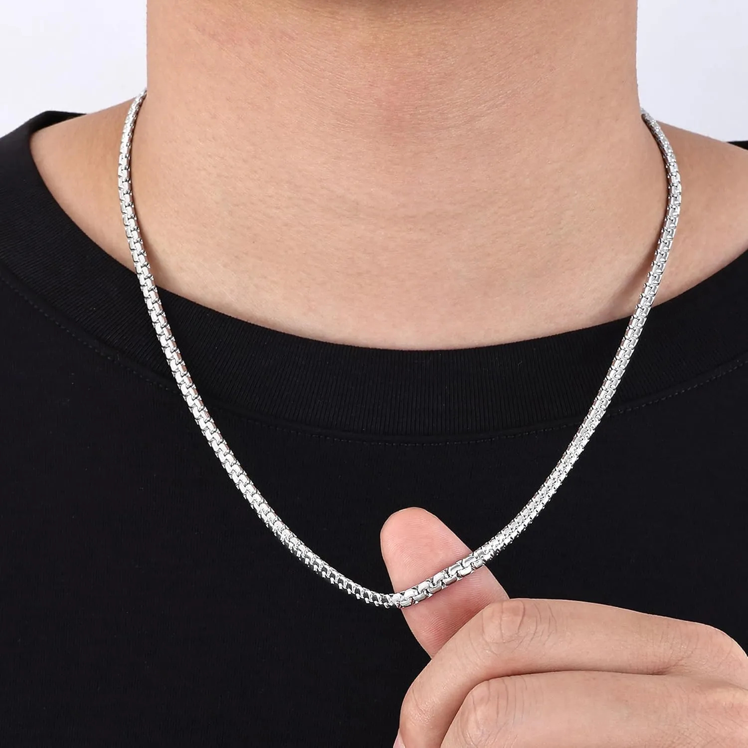 Fiusem Flat Box Chains for Men, 2.5/3/4/4.5/5mm Silver Tone Box Chain Necklace, Stainless Steel Necklaces for Men and Women 16-28 Inches