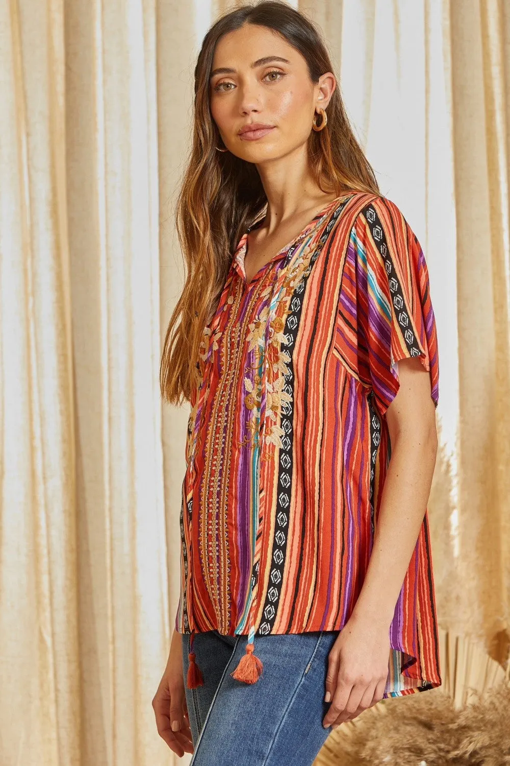 Floral Embroidered Striped Top