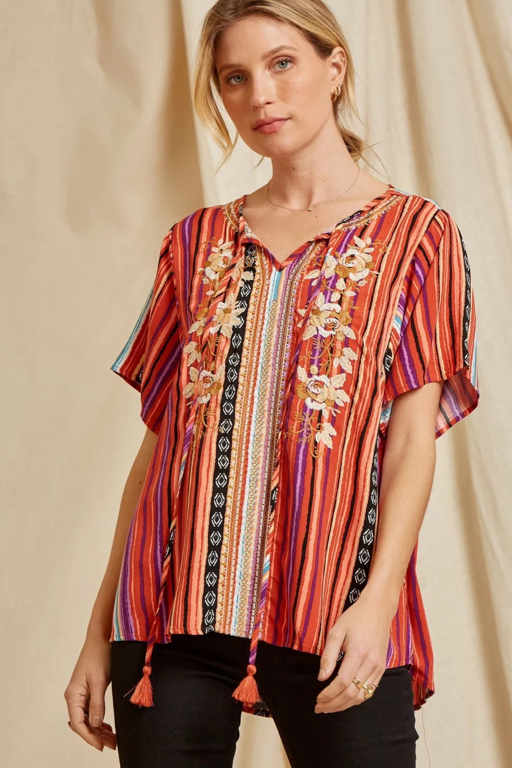 Floral Embroidered Striped Top