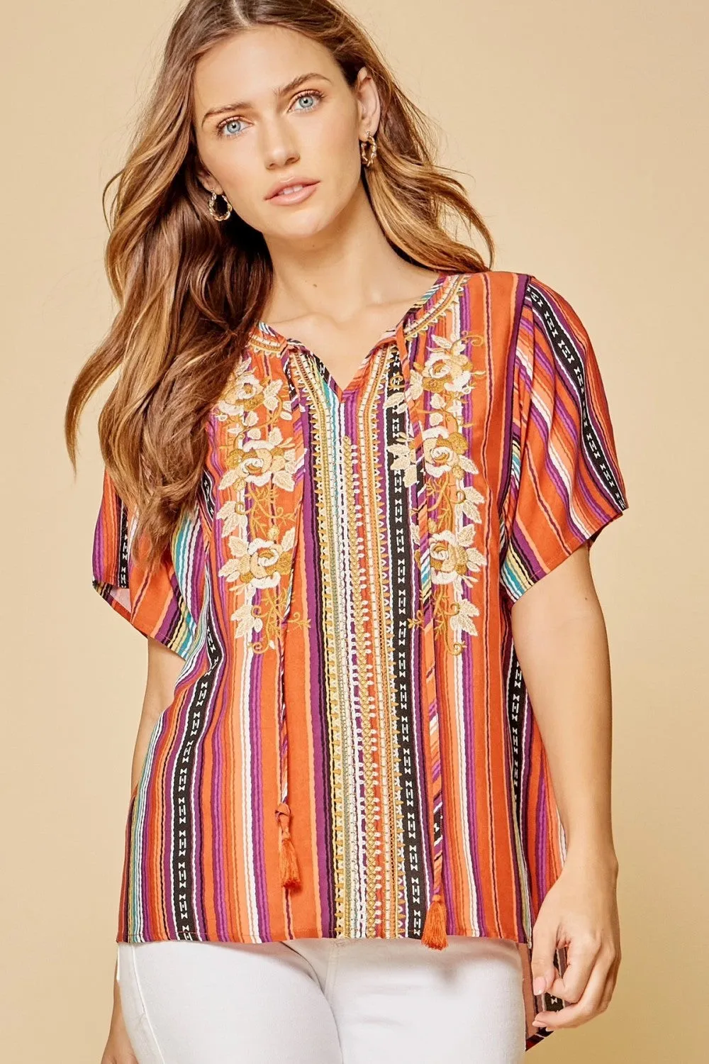 Floral Embroidered Striped Top
