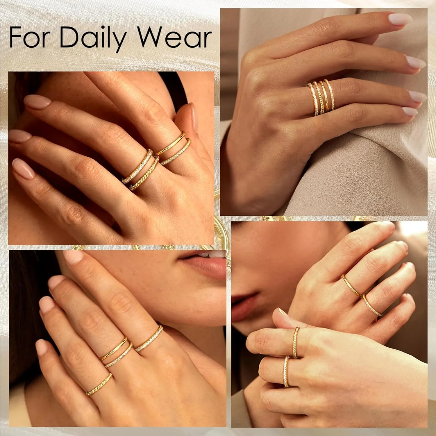 Florideco Stackable Gold Rings for Women 14K Gold Plated Stackable Thin Ring Minimalist Non Tarnish Cubic Zirconia Band Rings Dainty Trendy Statement Stacking Ring Set Size 5-10