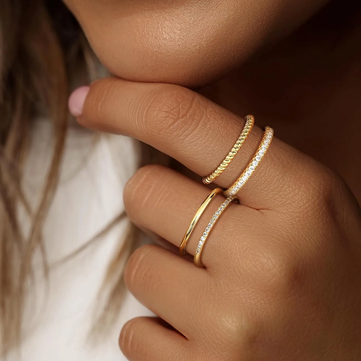 Florideco Stackable Gold Rings for Women 14K Gold Plated Stackable Thin Ring Minimalist Non Tarnish Cubic Zirconia Band Rings Dainty Trendy Statement Stacking Ring Set Size 5-10