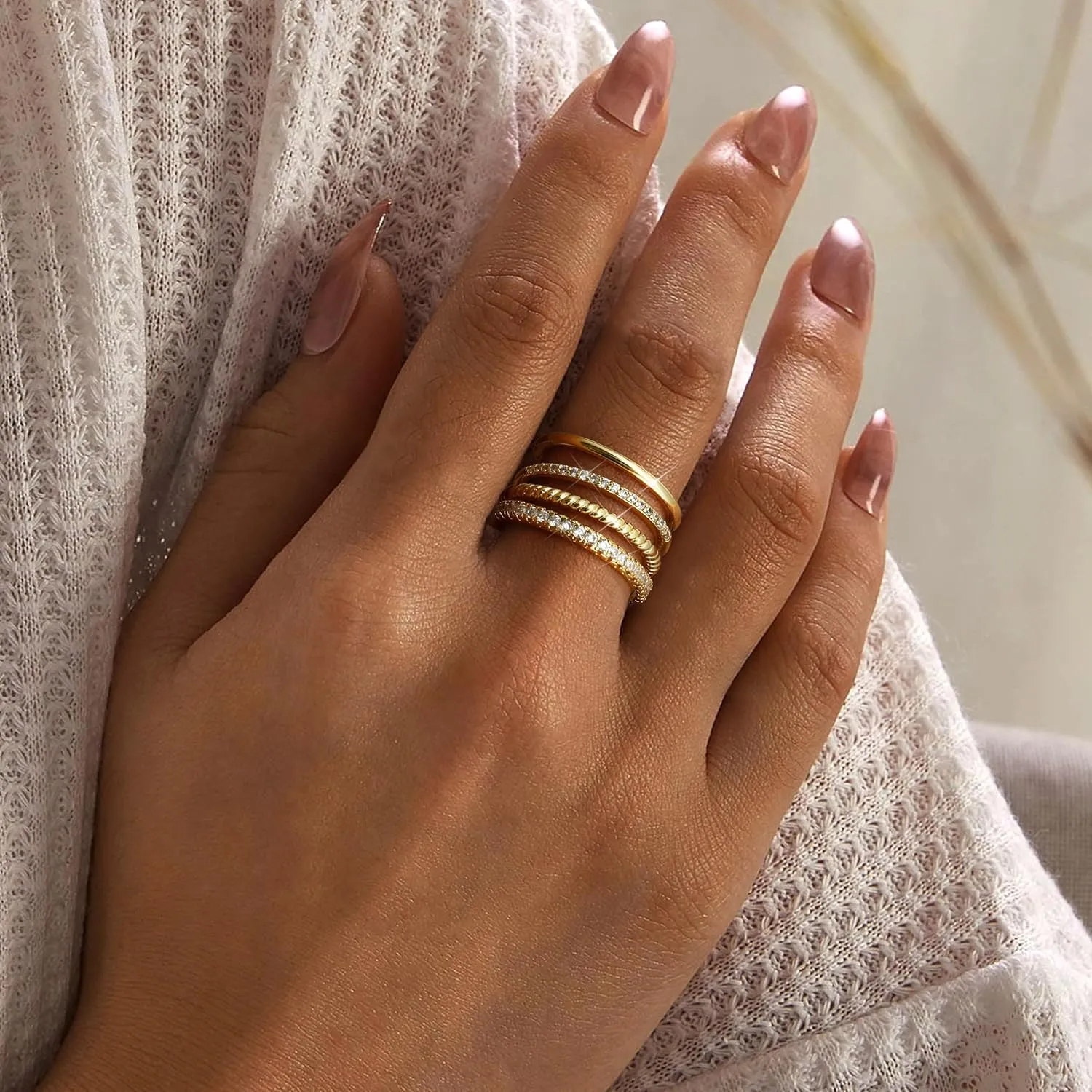 Florideco Stackable Gold Rings for Women 14K Gold Plated Stackable Thin Ring Minimalist Non Tarnish Cubic Zirconia Band Rings Dainty Trendy Statement Stacking Ring Set Size 5-10