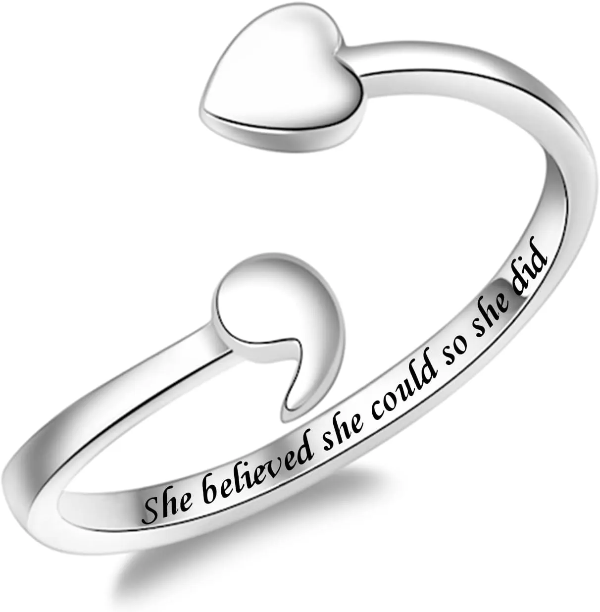 Fookduoduo 925 Sterling Silver Ring Heart Semicolon Ring adjustable Wrap Open Rings for Women