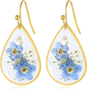 Forget-Me-Not Pressed Earrings Real Flower Drop Dangly Earrings For Women Teardrop Dangle Earring Dry Flowers Wildflower Jewelry