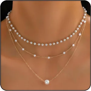 Foyte Layered Gold Necklace Stackable Simple Necklaces Chain Dainty Cross Pearl Circle Pendant Necklace Jewelry for Women