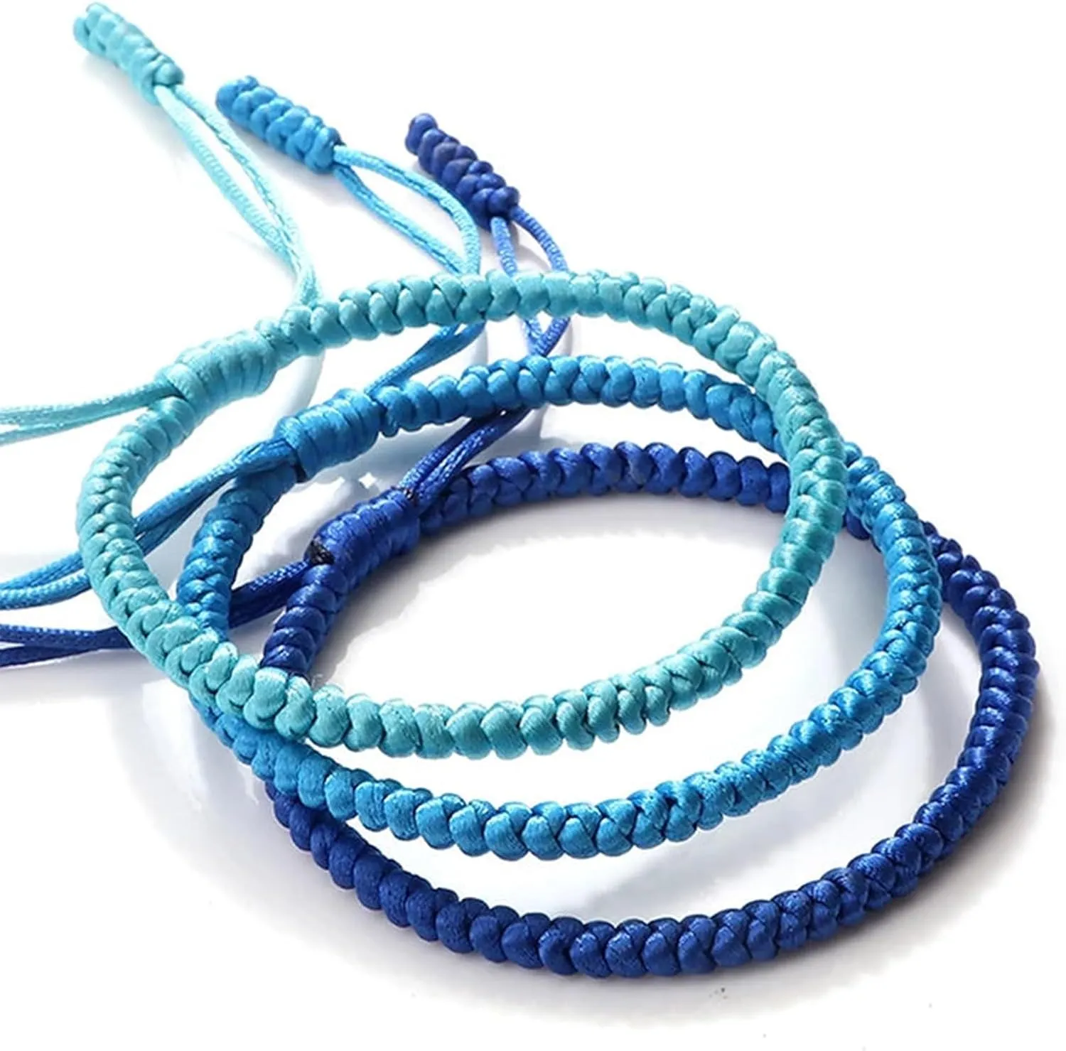 Friendship Bracelets - Blue Braided & Rope Knots, Lucky Women's Bracelet, Handmade Adjustable Woven Tibetan String Bracelet Amulet Gifts