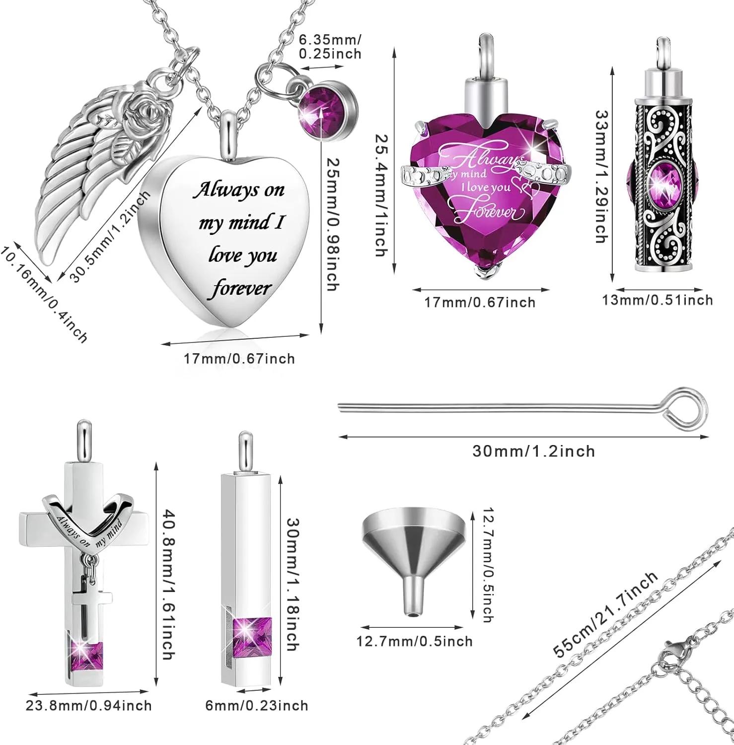 Fumete 5 Pcs Ashes Urn Necklace Keepsake Cremation Heart Cross Cubic Jewelry for Ashes Stainless Steel Memorial Locket Urn Keepsake Necklace for Women Men Loved Ones, 5 Styles