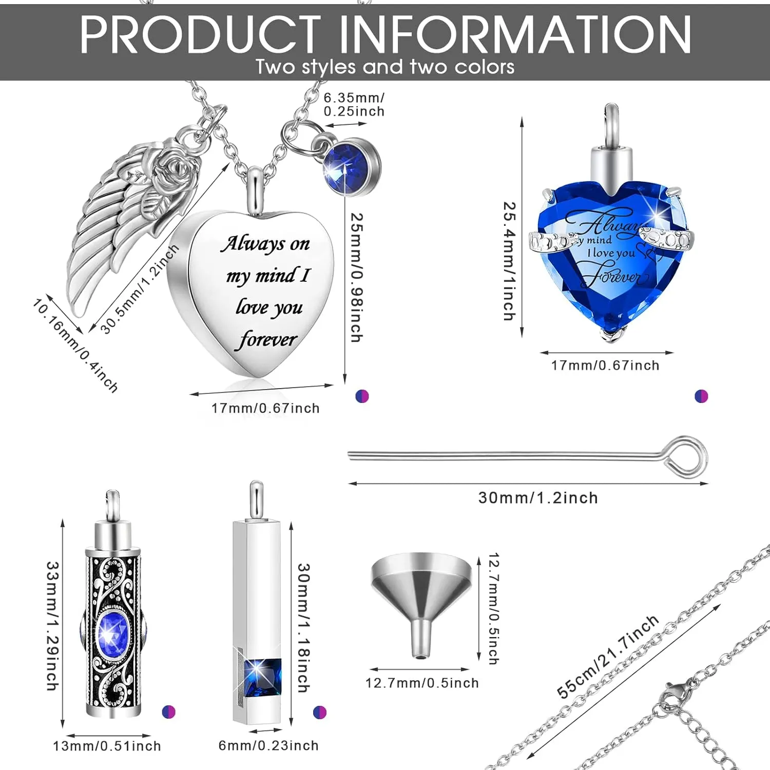 Fumete 8 Pieces Urn Necklace for Ashes Cremation Jewelry Ashes of Loved Ones Keepsake Urns Pendant Necklace for Women Men(Dark Blue, Purple)