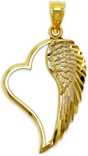 Gold Angel Wing inside Heart Charm - 10 Karat Solid Gold