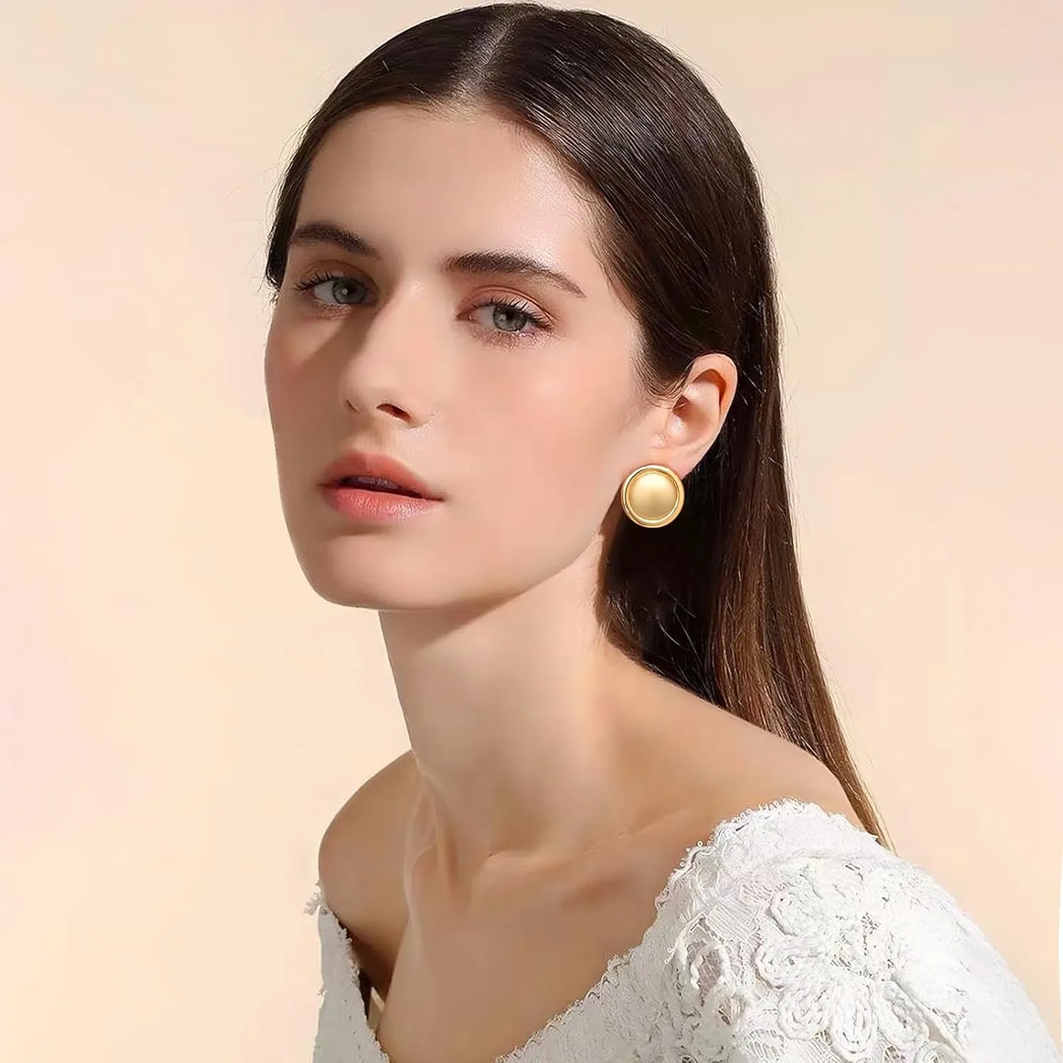 Gold Disc Stud Earrings - Big Round Hollow Hammered Swirl Textured Polished Earrings for Women - Vintage Jewelry
