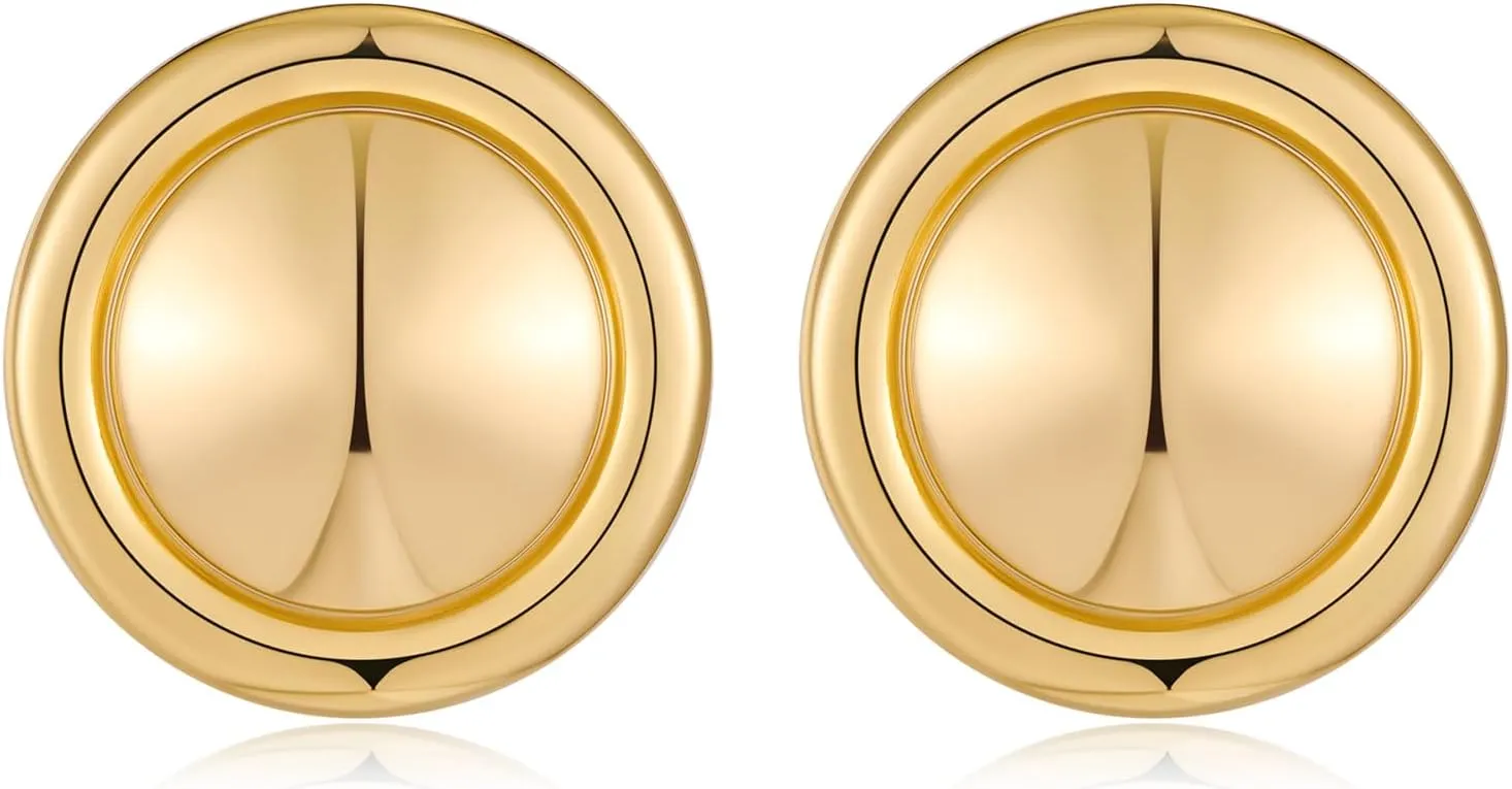 Gold Disc Stud Earrings - Big Round Hollow Hammered Swirl Textured Polished Earrings for Women - Vintage Jewelry