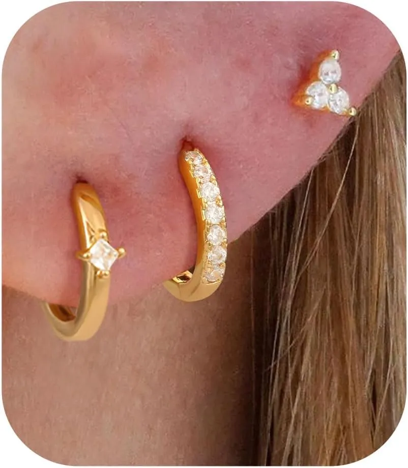 Gold Earrings for Women Trendy 3Pairs Gold Hoop Earrings 14K Gold Plated Huggie Hoop 925 Sterling Silver Post Earrings for Women Dainty Gold Dangle Chunky Small Hoop Stud Earrings Cartilage Earring Stacks Gold Jewelry for Women Gifts