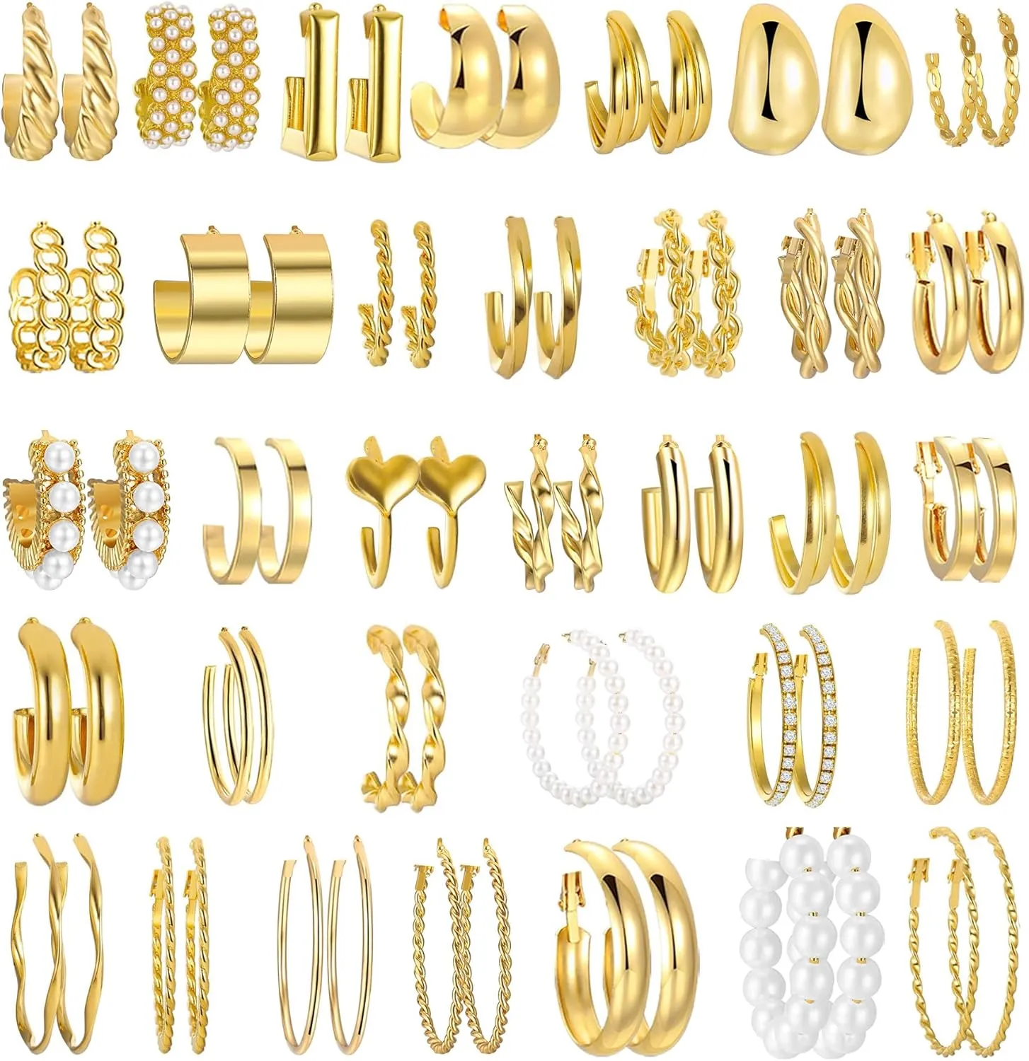 Gold Hoop Earrings Set for Women Trendy Multipack,Hypoallergenic Big Medium and Small Chunky Pearl Twisted Hoop Earrings Pack Jewelry for Gift