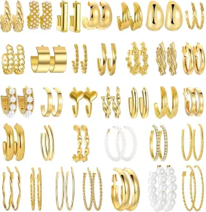 Gold Hoop Earrings Set for Women Trendy Multipack,Hypoallergenic Big Medium and Small Chunky Pearl Twisted Hoop Earrings Pack Jewelry for Gift