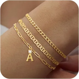Gold Initial Bracelets for Women Trendy,3 Piece Layered Letter Bracelet Initial A-Z Charm Bracelet Jewelry Cute Simple Fashion Chain Bracelets for Women Teen Gift
