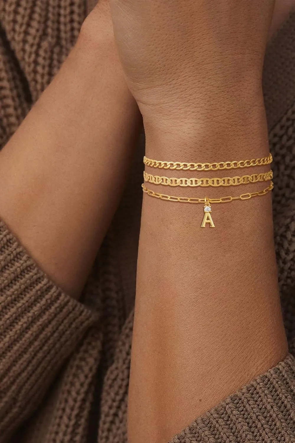 Gold Initial Bracelets for Women Trendy,3 Piece Layered Letter Bracelet Initial A-Z Charm Bracelet Jewelry Cute Simple Fashion Chain Bracelets for Women Teen Gift