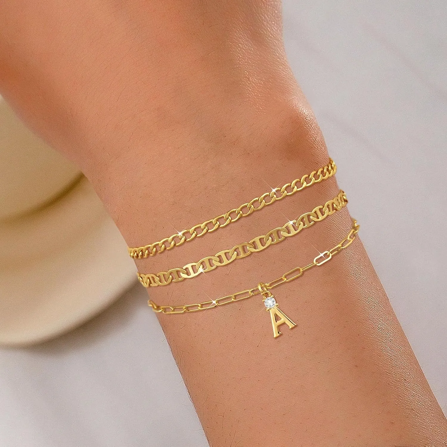 Gold Initial Bracelets for Women Trendy,3 Piece Layered Letter Bracelet Initial A-Z Charm Bracelet Jewelry Cute Simple Fashion Chain Bracelets for Women Teen Gift