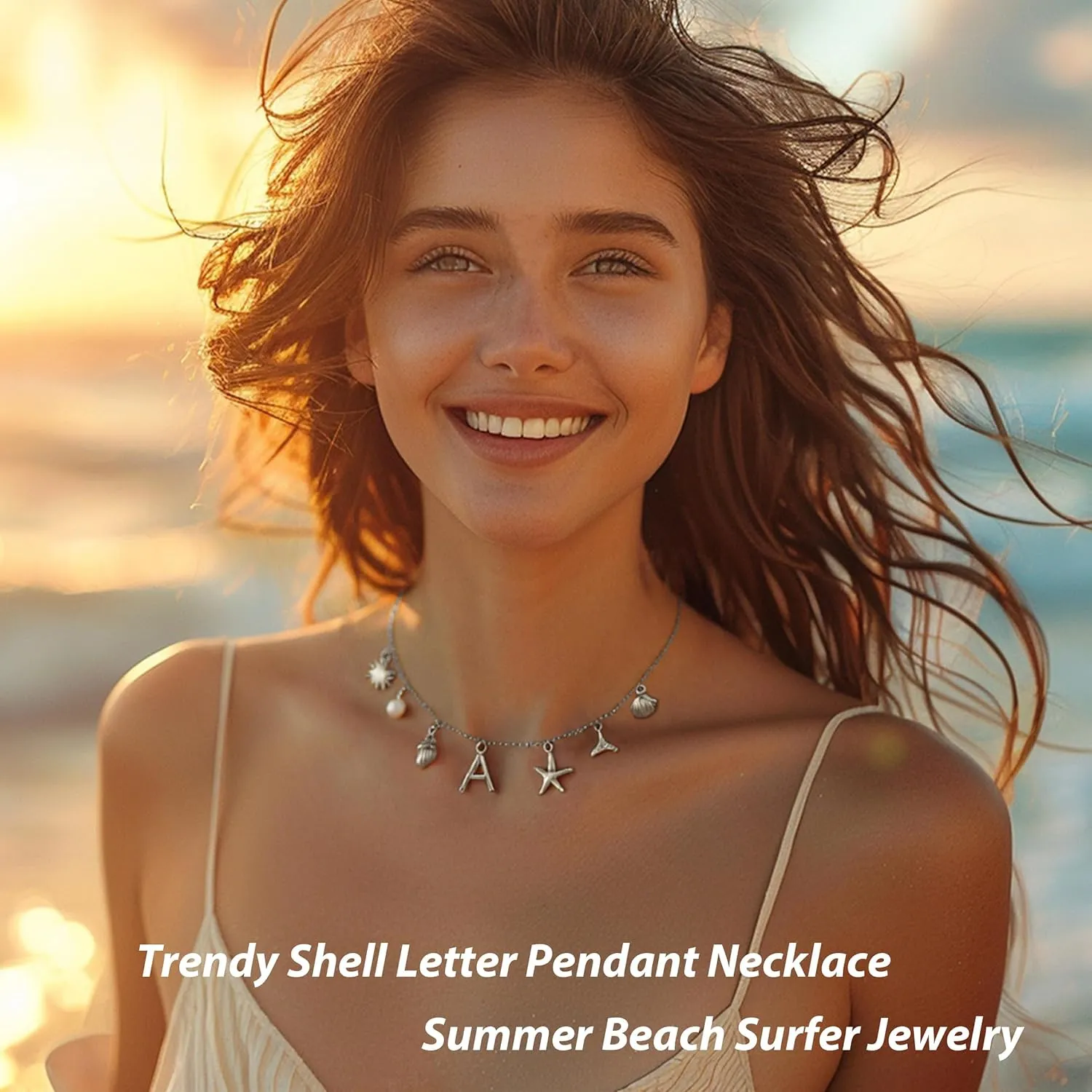 Gold Initial Charm Necklace for Women Beachy Jewelry for Summer Vacation Seashell Starfish Pearl Charm Necklaces Surfer Personalized Name Letter Charms Necklace Preppy Stuff Beach Jewelry for Women Trendy