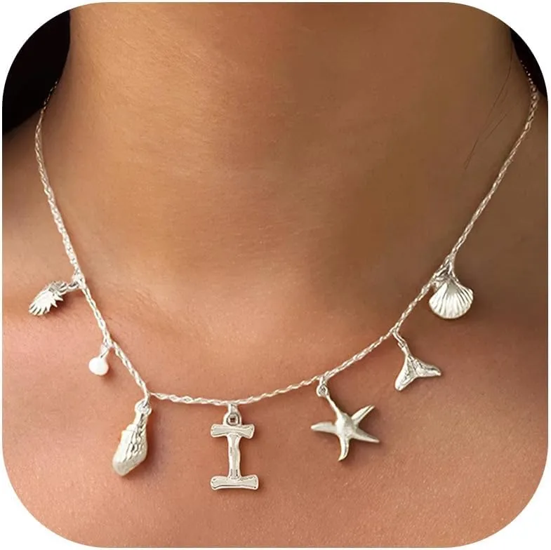 Gold Initial Charm Necklace for Women Beachy Jewelry for Summer Vacation Seashell Starfish Pearl Charm Necklaces Surfer Personalized Name Letter Charms Necklace Preppy Stuff Beach Jewelry for Women Trendy