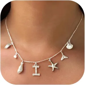 Gold Initial Charm Necklace for Women Beachy Jewelry for Summer Vacation Seashell Starfish Pearl Charm Necklaces Surfer Personalized Name Letter Charms Necklace Preppy Stuff Beach Jewelry for Women Trendy