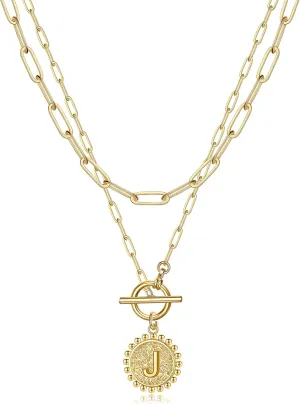 Gold Layered Initial Necklaces for Women, 14K Gold Plated Dainty Layering Paperclip Link Chain Necklace Personalized Toggle Clasp Coin Initial Pendant Layered Necklaces for Women Gold Jewelry