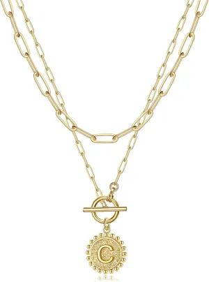 Gold Layered Initial Necklaces for Women, 14K Gold Plated Dainty Layering Paperclip Link Chain Necklace Personalized Toggle Clasp Coin Initial Pendant Layered Necklaces for Women Gold Jewelry