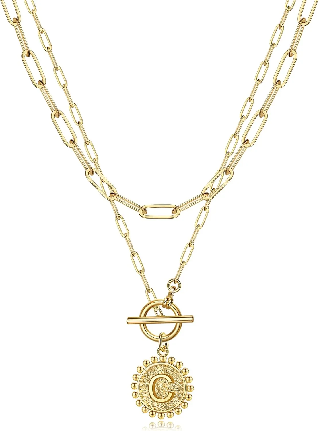 Gold Layered Initial Necklaces for Women, 14K Gold Plated Dainty Layering Paperclip Link Chain Necklace Personalized Toggle Clasp Coin Initial Pendant Layered Necklaces for Women Gold Jewelry