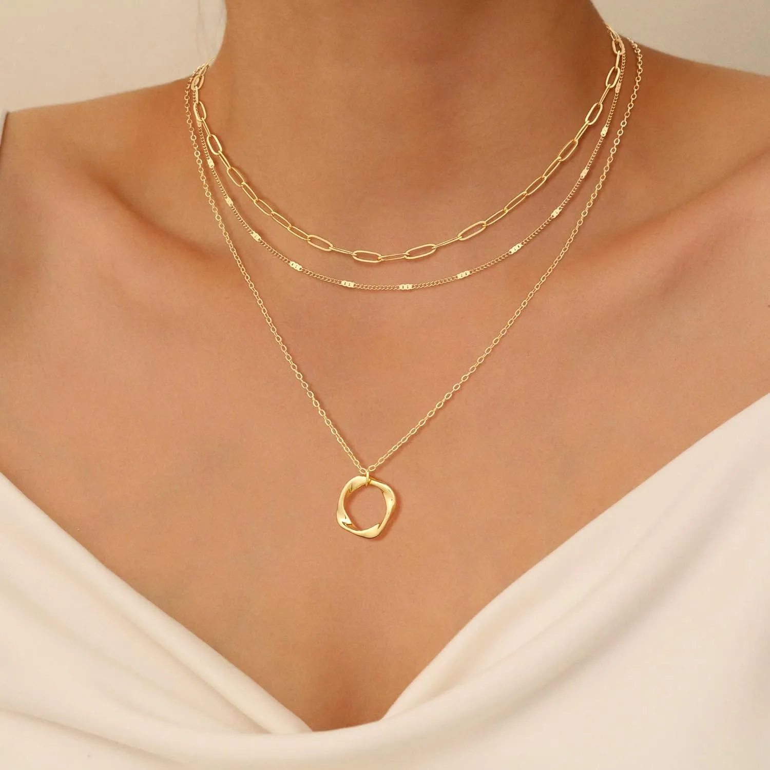 Gold Layered Necklace for Women, Dainty 14K Gold Plated Non-Tarnish Irregular Circle Pendant Choker Paperclip Chain Necklaces, Minimalist Trendy Stackable Necklace Jewelry Gift for Mom