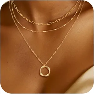 Gold Layered Necklace for Women, Dainty 14K Gold Plated Non-Tarnish Irregular Circle Pendant Choker Paperclip Chain Necklaces, Minimalist Trendy Stackable Necklace Jewelry Gift for Mom