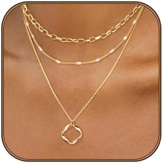 Gold Layered Necklaces for Women 14k Gold Plated Dainty Stackable Choker Necklaces for Women Trendy Layering Circle Paperclip Chain Cute Pendant Necklace Set Gold Jewelry for Women