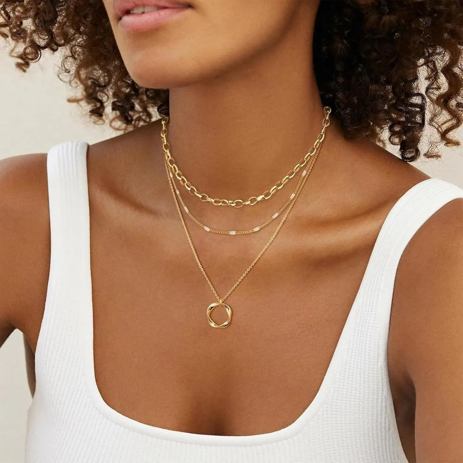 Gold Layered Necklaces for Women 14k Gold Plated Dainty Stackable Choker Necklaces for Women Trendy Layering Circle Paperclip Chain Cute Pendant Necklace Set Gold Jewelry for Women